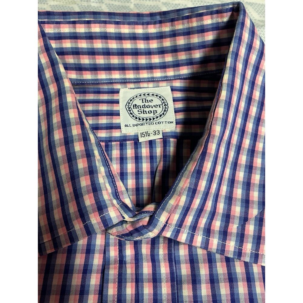 THE ANDOVER SHOP mens 15.5 X 33 Dress Shirt Pink Blue Gingham Plaid Easter EUC